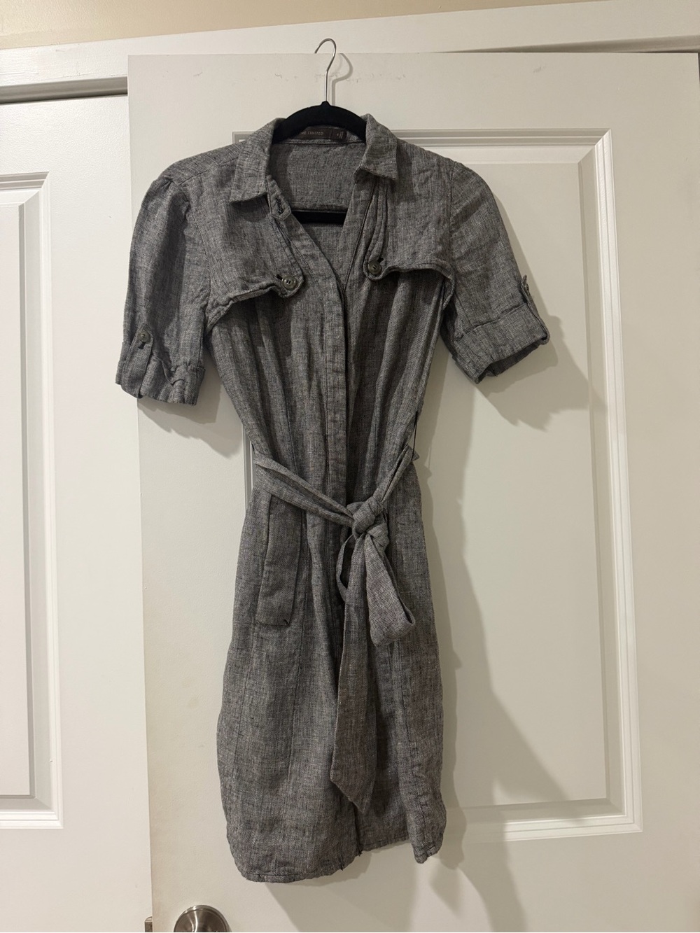 The Limited Size 2 Gray Linen Blend Belted Shirt Dress Utility Midi